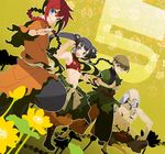  2girls bandages bare_shoulders beard black_hair blue_eyes blush boots braid brown_hair facial_hair flower glasses makita midriff monk_(sekaiju) multiple_boys multiple_girls navel red_hair sash sekaiju_no_meikyuu sekaiju_no_meikyuu_3 sleeveless sleeveless_turtleneck turtleneck twintails white_hair 