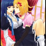  blonde_hair blue_hair bow breasts cleavage curtains dress elbow_gloves eringi_oishii frederica_bernkastel gloves hair_bow hair_ornament hair_ribbon jewelry lambdadelta long_hair medium_breasts multiple_girls necklace pillow purple_eyes red_eyes ribbon tears umineko_no_naku_koro_ni yuri 