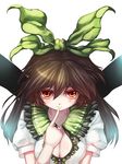  blush bow breasts brown_hair cleavage danbo_(rock_clime) finger_to_mouth green_bow hair_bow hair_ribbon large_breasts no_bra orange_eyes red_eyes reiuji_utsuho ribbon simple_background smile solo touhou 
