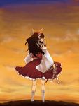  back bad_id bad_pixiv_id brown_hair gohei hair_ribbon hakurei_reimu itu long_hair looking_back ofuda ribbon skirt sky socks solo standing touhou wide_sleeves 