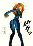  ass blonde_hair breasts gun latex metroid nintendo pixiv_thumbnail ponytail resized samus_aran standing translated tsunamino weapon 