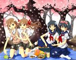  black_hair blue_eyes brown_eyes brown_hair can cherry_blossoms flower food hair_flower hair_ornament hanami head_wreath long_hair misaka_mikoto multiple_girls one_eye_closed picnic ruu_(tksymkw) sakugawa_school_uniform saten_ruiko school_uniform serafuku shirai_kuroko short_hair skirt soda_can sweater_vest takoyaki to_aru_kagaku_no_railgun to_aru_majutsu_no_index tokiwadai_school_uniform twintails uiharu_kazari 