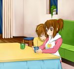  alternate_hairstyle bad_id bad_pixiv_id brown_eyes brown_hair couch cup hair_bobbles hair_ornament hirasawa_ui hirasawa_yui hood hoodie k-on! kf kotatsu mug multiple_girls ponytail short_hair siblings side_ponytail sisters snail table 