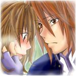  anna_irving blush brown_eyes brown_hair couple fingerless_gloves gloves kratos_aurion lowres oekaki red_hair redhead tales_of_(series) tales_of_symphonia 