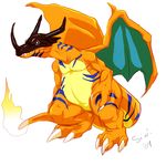  charizard claws crossover digimon fangs fire fusion gen_1_pokemon greymon horns no_humans pokemon pokemon_(creature) wings 