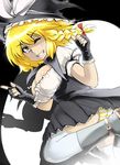  bad_id bad_pixiv_id blonde_hair braid breasts fingerless_gloves gloves grin highres hyudora kirisame_marisa large_breasts one_eye_closed panties pantyshot pointing smile solo striped striped_panties thighhighs thumbs_up touhou underwear yellow_eyes 