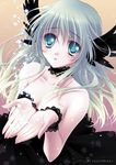  blue_eyes breasts cleavage copyright_request dress green_hair hands head_wings long_hair nishiwaki_yuuri small_breasts solo 