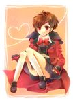  bad_id bad_pixiv_id blush brown_hair female_protagonist_(persona_3) kneehighs oversized_clothes persona persona_3 persona_3_portable red_eyes ribbon school_uniform shooting-star sitting skirt smile socks solo trench_coat 
