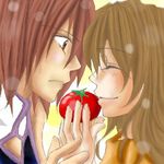  anna_irving brown_eyes brown_hair couple eyes_closed kratos_aurion lowres oekaki red_hair redhead tales_of_(series) tales_of_symphonia tomato 