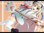  baseball_bat blonde_hair blue_eyes bow cape dutch_angle fang hat little_busters! long_hair noumi_kudryavka paws pink_bow plaid plaid_skirt pointing school_uniform shin'ya_(nanp) skirt solo thighhighs 