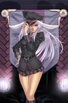  alternate_costume animal_ears belt bunny_ears glowing glowing_eye hand_on_hip hat highres houtengeki long_hair military military_uniform necktie peaked_cap purple_hair red_eyes reisen_udongein_inaba solo thighs touhou uniform 