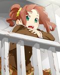  arm_support bad_id bad_pixiv_id balcony brown_hair crossed_arms green_eyes idolmaster idolmaster_(classic) open_mouth school_wear_(idolmaster) scrunchie smile solo takatsuki_yayoi thesale twintails 