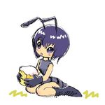  1girl ant ant_girl antennae arthropod bi-nyo blue_eyes blue_hair blush cute female food full_body hair insect insect_girl kneeling lowres monster_girl plain_background pukao purple_eyes purple_hair simple_background sitting smile solo white_background young 