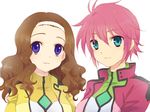  alternate_hairstyle celestial_being_uniform feldt_grace green_eyes gundam gundam_00 gundam_00_a_wakening_of_the_trailblazer hairband mileina_vashti multiple_girls pink_hair plum_(arch) purple_eyes short_hair 