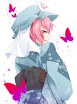  bug butterfly from_behind hat insect japanese_clothes kimono looking_back ogami_kazuki pink_eyes pink_hair saigyouji_yuyuko short_hair smirk solo touhou 
