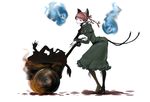  animal_ears boots bow braid buroko cart cat_ears cat_tail dress full_body green_dress hair_bow high_heels kaenbyou_rin multiple_tails pantyhose pushcart red_eyes red_hair shoes short_hair skull smile solo tail touhou twin_braids white_background 