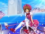  antenna_hair brown_hair cardcaptor_sakura cherry_blossoms clock clock_tower dress fuuin_no_tsue green_eyes hat kinomoto_sakura magical_girl mary_janes mutsuki_(moonknives) open_mouth petals pink_hat rooftop shoes smile solo thighhighs tower wand white_legwear wings 