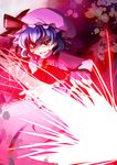  bat_wings blood blue_hair dress fangs glowing glowing_eyes grin hat magic_circle migime2450 red_eyes remilia_scarlet ribbon smile solo spear_the_gungnir touhou wings 