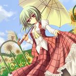  a_flow ascot bad_id bad_pixiv_id between_breasts blouse breasts clothes_between_breasts cloud day dutch_angle fence flower garden green_hair kazami_yuuka pantyhose plaid plaid_skirt plaid_vest puffy_sleeves red_eyes short_hair skirt skirt_lift skirt_set sky solo sunflower touhou umbrella untucked vest 