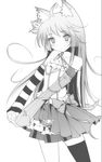  animal_ears asymmetrical_clothes bare_shoulders bow chain greyscale hands_clasped ideolo long_hair monochrome original own_hands_together single_thighhigh solo striped thighhighs 