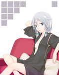  blue_eyes braid couch crossed_legs downblouse izayoi_sakuya japanese_clothes ogami_kazuki open_clothes open_shirt pillow shirt short_hair silver_hair sitting solo touhou twin_braids 