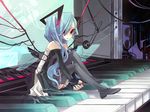  aqua_hair boots detached_sleeves hatsune_miku instrument keyboard_(instrument) long_hair mechanical_wings microphone minigirl musou_yuchi pink_eyes sitting skirt solo studio_microphone thigh_boots thighhighs twintails very_long_hair vocaloid wings 