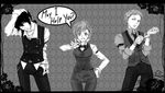  2boys aragaki_shinjirou cosplay english female_protagonist_(persona_3) formal gloves greyscale hand_on_hip monochrome multiple_boys persona persona_3 persona_3_portable sanada_akihiko sanada_akihiko_(cosplay) shirt suta_furachina taut_clothes taut_shirt thigh_gap wide_hips 