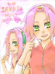  :d artist_request blush character_name cherry_blossoms clenched_hand dated dress dual_persona english finger_to_cheek forehead_protector green_eyes hand_up hands_up happy_birthday haruno_sakura index_finger_raised konohagakure_symbol long_hair naruto_(series) naruto_shippuuden ninja oekaki open_mouth pink_hair red_dress red_shirt shirt short_hair short_sleeves simple_background sleeveless sleeveless_shirt smile time_paradox upper_body white_background zipper 