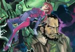  1girl arched_back beard bodysuit brown_hair facial_hair gundam gundam_unicorn kno1 kshatriya long_hair marida_cruz mecha purple_eyes suberoa_zinnerman 