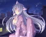  animal_ears atomix bakemonogatari black_hanekawa breasts building cat_ears cleavage covered_nipples crescent_moon fang hanekawa_tsubasa long_hair medium_breasts monogatari_(series) moon nekomonogatari night off_shoulder one_eye_closed pajamas sitting solo watermark web_address white_hair yellow_eyes 