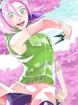  birthday cherry_blossoms green_eyes happy_birthday haruno_sakura kunai naruto naruto_(series) object_namesake pink_hair satou_yuri short_hair solo tegaki vest weapon 