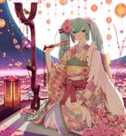  aqua_hair aqua_nails bird blue_eyes fan hatsune_miku highres japanese_clothes kimono long_hair moon nail_polish nayu night sitting smile solo twintails very_long_hair vocaloid water 