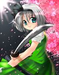  blue_eyes bow cherry_blossoms hair_bow katana konpaku_youmu nagare silver_hair solo sword touhou weapon 