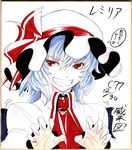  bad_id bad_pixiv_id claws face fangs fingernails grin hands hat imizu_(nitro_unknown) long_fingernails marker_(medium) millipen_(medium) parody remilia_scarlet shikishi short_hair slit_pupils smile solo touhou traditional_media translated you_gonna_get_raped 