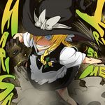  apron blonde_hair blue_eyes boots braid broom character_name crazy_eyes dress dust_cloud from_above grin hair_ribbon hat kirisame_marisa mini-hakkero pageratta ribbon smile solo touhou vest witch witch_hat 