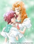  arisugawa_juri blush curly_hair forehead_kiss green_eyes kiss lowres multiple_girls orange_hair purple_hair school_uniform shinoda_masaki shoujo_kakumei_utena takatsuki_shiori veil yuri 