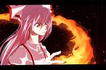  anime_coloring annoyed bad_id bad_pixiv_id bamboo black_background fire fujiwara_no_mokou katakura_nayuuki letterboxed long_hair looking_down orange_eyes touhou 