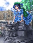  arm_support backpack bag blue_eyes blue_hair blush breasts building cabbie_hat cloud day floating_hair frills ground_vehicle h39 hair_bobbles hair_ornament hat hatch headphones kawashiro_nitori key light_smile light_tank looking_to_the_side military military_vehicle motor_vehicle outdoors pouch ruins short_hair skirt skirt_set sky sleeves_pushed_up small_breasts smile solo tank touhou two_side_up yossyzero 