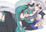  blush breast_envy breast_grab breasts detached_sleeves grabbing green_eyes green_hair hatsune_miku large_breasts long_hair looking_at_breasts multiple_girls niwakaame_(amayadori) panties red_eyes silver_hair thighhighs twintails underwear vocaloid voyakiloid yowane_haku yuri zoom_layer 