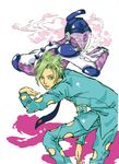  bad_id bad_pixiv_id drooling fog food fruit green_hair jojo_no_kimyou_na_bouken kotoriko lipstick makeup male_focus necktie orange_eyes pannacotta_fugo purple_haze_(stand) shadow sparkle stand_(jojo) strawberry visor 