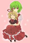  blonde_hair bow dress green_hair hair_ribbon happy kazami_yuuka kurosawa_kazuto medicine_melancholy motherly multiple_girls no_nose pink_background plaid plaid_skirt plaid_vest red_eyes ribbon sitting sitting_on_lap sitting_on_person skirt skirt_set smile touhou vest 