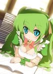  blue_eyes blush book breasts cleavage green_hair medium_breasts melon-chan melonbooks solo sora_to_umi 