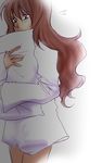  anna_irving brown_eyes brown_hair female gradient gradient_background hugging_pillow lowres no_pants oversized_shirt pillow shirt simple_background solo tales_of_(series) tales_of_symphonia white_background 
