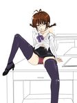  akizuki_ritsuko antenna_hair braid breasts brown_eyes brown_hair cleavage desk glasses high_heels idolmaster idolmaster_(classic) large_breasts miniskirt panties pantyshot shoes skirt solo thighhighs twin_braids underwear undressing 