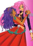  bindi blue_eyes breasts cleavage crown dark_skin dress earrings epaulettes green_eyes himemiya_anthy hug jewelry long_hair medium_breasts multiple_girls pink_hair purple_hair red_dress shoujo_kakumei_utena sword tassel tenjou_utena uniform wavy_hair weapon yuri 