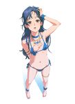  anklet barefoot bikini blue_hair brown_eyes choker flat_chest idolmaster idolmaster_(classic) jewelry kisaragi_chihaya legs long_hair matsudo_aya necklace perspective side-tie_bikini solo swimsuit wristband 