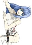  @_@ android bad_id bad_pixiv_id bare_shoulders blue_eyes blue_hair doll_joints kos-mos long_hair lying on_stomach solo sonou thighhighs xenosaga 