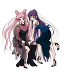  bishoujo_senshi_sailor_moon black_hair black_lady chibi_usa double_bun dress earrings facial_mark forehead_mark gobo_gobo high_heels highres jewelry lipstick long_hair makeup mistress_9 multiple_girls older pink_eyes pink_hair see-through shawl shoes tomoe_hotaru twintails very_long_hair 