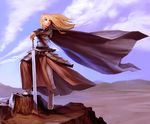  armor blonde_hair boots braid breastplate cape cloud day faulds hands_on_hilt long_hair original pose saejin_oh solo sword weapon wind 