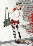  amputee bad_id bad_pixiv_id bag bandages blonde_hair blood bomb copyright_request explosive eyepatch grenade hat lefty10 miniskirt mouth_hold prosthesis red_eyes single_thighhigh skirt solo striped striped_legwear thighhighs 